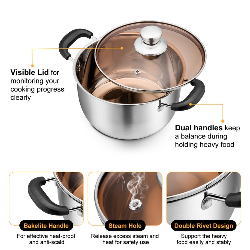 P&P CHEF 3 Qt Stockpot with Lid, Stainless Steel Cooking Stock Pot for Soup, Heat-Proof Double Handles with Visible Lid, Dishwasher Safe & Healthy, 1-Ply Metal - Image 2